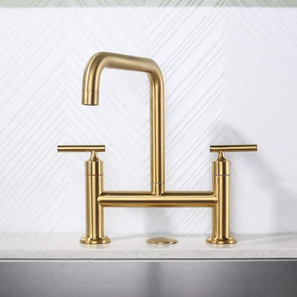 Modern Double Handle High Arc Solid Brass Bridge Kitchen Faucet in Brushed Gold