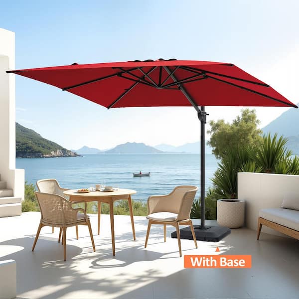 Pellebant 9 ft. x 11 ft. Aluminum Offset Cantilever 360° Rotation Tiltable Patio Umbrella in Red with 240 lbs. Fillable Stand