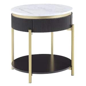 23 in. White, Dark Brown and Gold Round Faux Marble End Table with Open Bottom Shelf