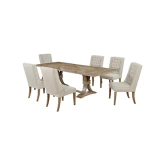 Maribel 7-Piece Rectangular Wood Dining Table Set Beige Linen Fabric Chairs