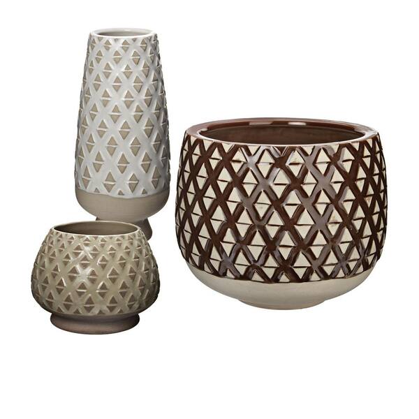 Titan Lighting 10 in. and 12 in. Two Tone Lattice Earthenware Decorative Vases in Neutral Glazes (Set of 3)