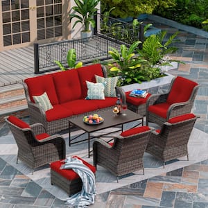 8-Piece Patio Conversation Sofa Set Furniture Sectional Seating Set with Red Cushion and Coffee Table