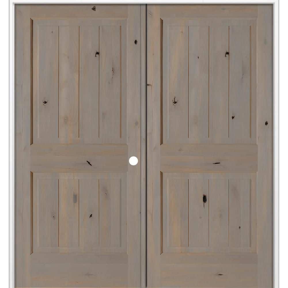 72 in. x 80 in. Knotty Alder 2-Panel V-G Solid Wood Left-Active BEHR Weathered Gray Stain Double Prehung Interior Door price history on PriceWatchPro
