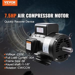 7.5HP Air Compressor Motor 3450 RPM Single Phase Electric Motor 1-1/8 in. Keyed shaft 230V 30A 184 Frame CW/CCW Rotation