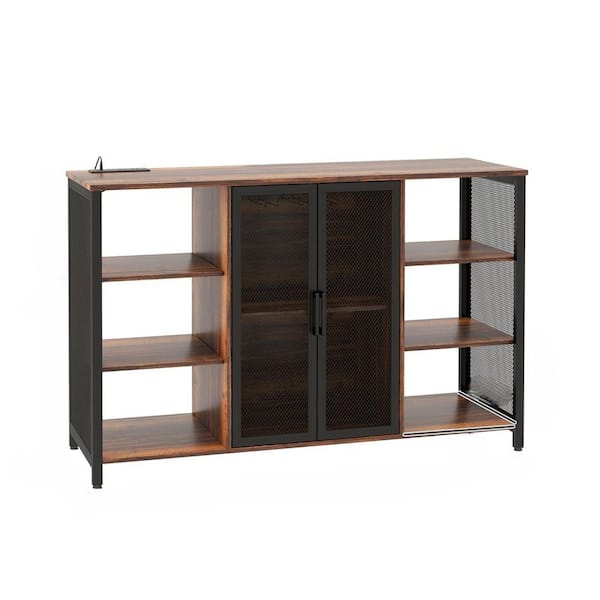 Tileon Kitchen Pantry Organizer, Wine Cabinet with Charging Station Glass Holders, Rustic in Brown