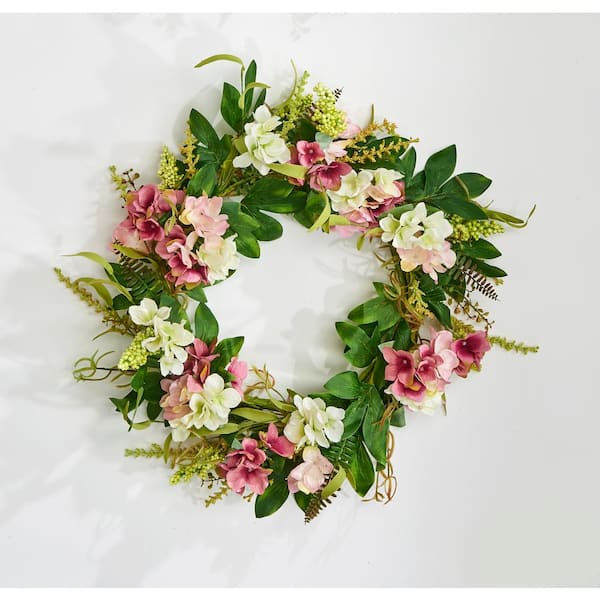 Unbranded 22 in. Artificial White Pink Hydrangea and Foliage Wreath