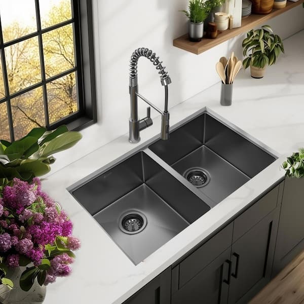 31 in. Undermount Double Bowl 18 Gauge Gunmetal Black Stainless Steel Kitchen Sink
