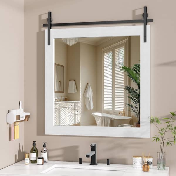 White 31 in. W x 31 in. H Rectangle Wood Framed Farmhouse Wall Mounted Mirror Vintage Vanity Decrative Bathroom Mirrors