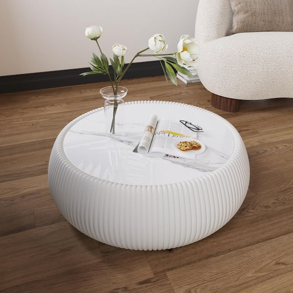 27.55 in. Beige Round PU Leather Marble Top Coffee Table for Living Room furniture
