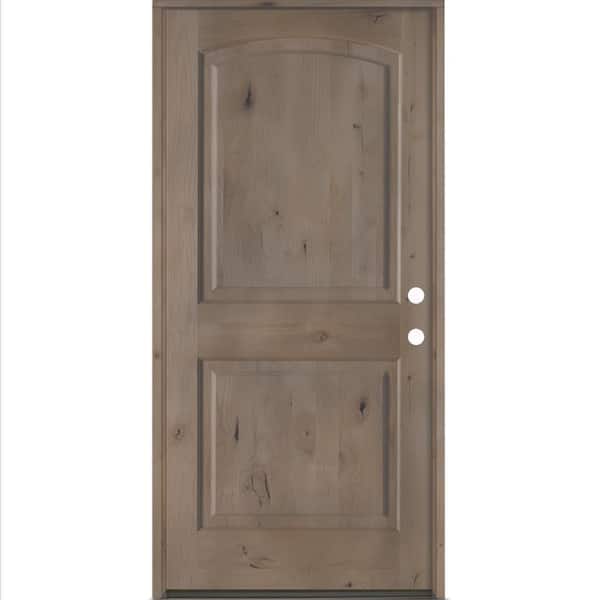 36 in. x 80 in. Rustic Knotty Alder 2-Panel Arch Top Left-Hand/Inswing BEHR Weathered Gray Stain Wood Prehung Front Door