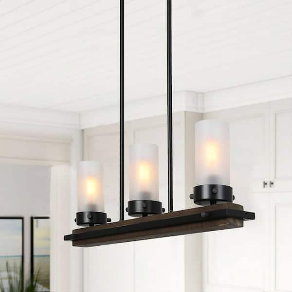 LNC Farmhouse 3-Light Black Island Wood Chandelier with Cylinder White Frosted Glass Shades Rustic Hanging Lamp for Kitchen