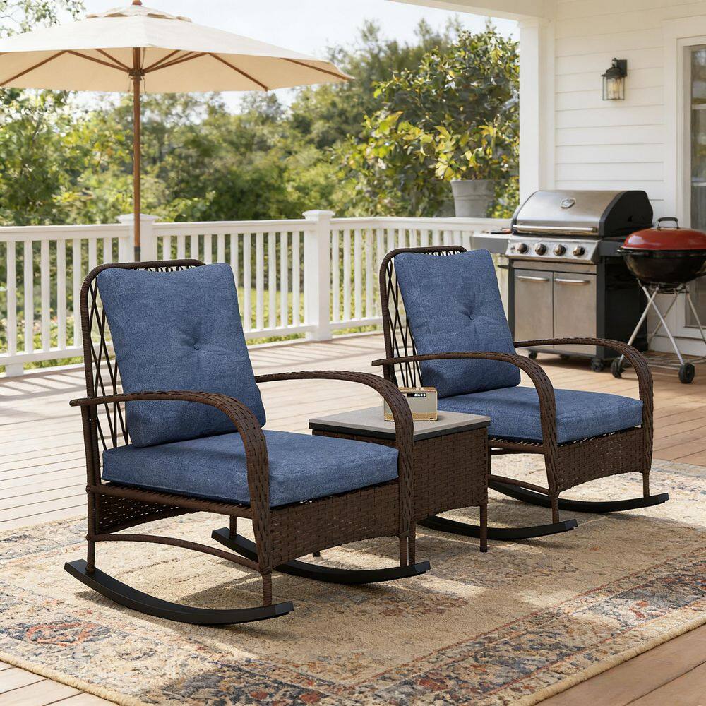 Brown Wicker Outdoor Lounge Chair with Blue Cushion, 2 Rocking Chairs, Garden Table for Yard, Patio, Garden(3-Pack) price history on PriceWatchPro
