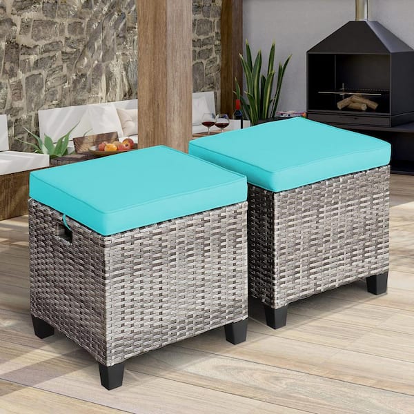 Unbranded 15.5 in. D x 19.5 in. W x 13"H Mix Grey Rattan Wicker Outdoor Ottoman with Removable Turquoise Cushion (2-Pack)