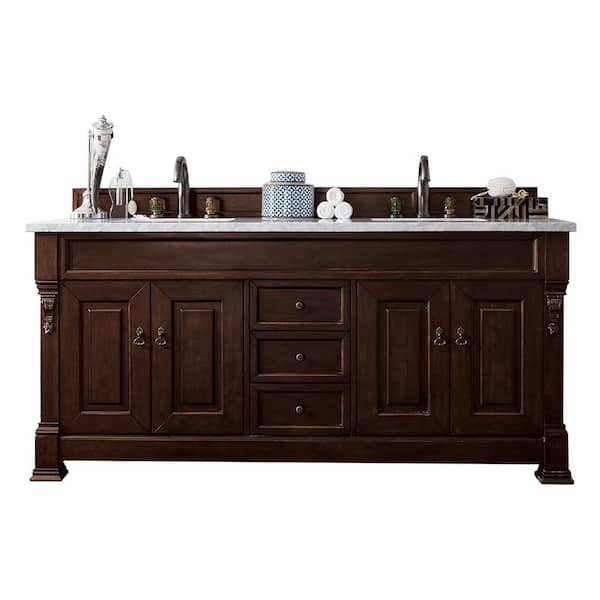 James Martin Vanities 72 in. w x 23.5 in. D x 34.3 in. H Double Bath Vanity in Burnished Mahogany with Eternal Jasmine Pearl Top