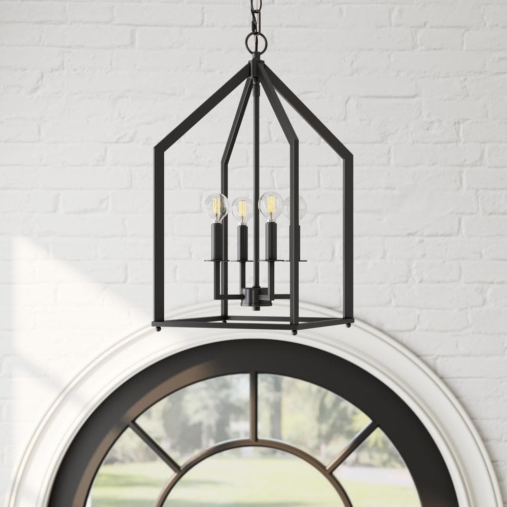 Nathan James Skye 4-Light Matte Black Ceiling Mount Pendant Light with Metal Farmhouse Cage Shae