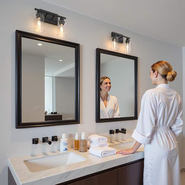 13.4 in. 2 Light Matte Black Vanity Light with Clear Cylinder Glass Shades for Industrial Bathroom Design