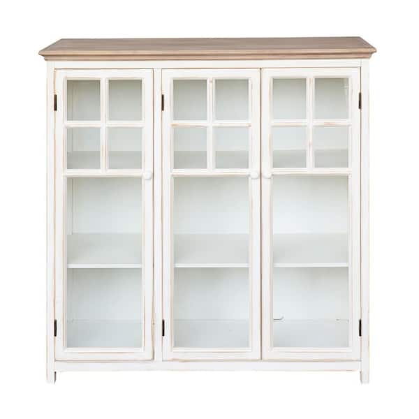 Storied Home Cream Wood Storage Cabinet with 3 Shelves and 3 Glass Doors