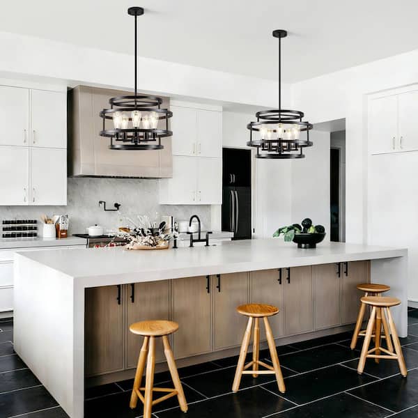 5-Light Black Grain Farmhouse Chandeliers Circle Geometric Pendant for Dining Room, Kitchen Islands