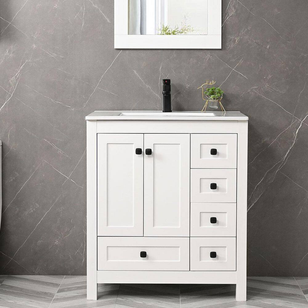 White 30" Freestanding Bathroom Vanity with Ceramic Sink and Mirror