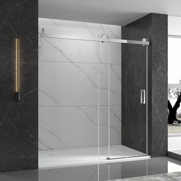EPOWP 60 in. W x 76 in. H Single Sliding Frameless Shower Door in Chrome Finish with Clear Glass