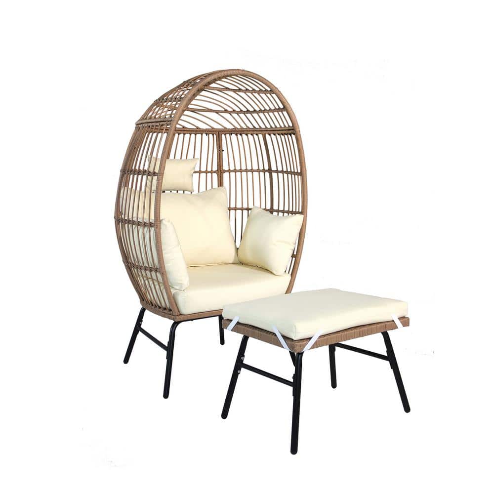57.09 in. Wicker Outdoor Lounge Chair Egg Chair with Beige Cushion and Foot