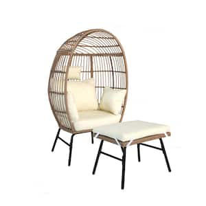 57.09 in. Wicker Outdoor Lounge Chair Egg Chair with Beige Cushion and Footstool for Garden Patio Porch Garden