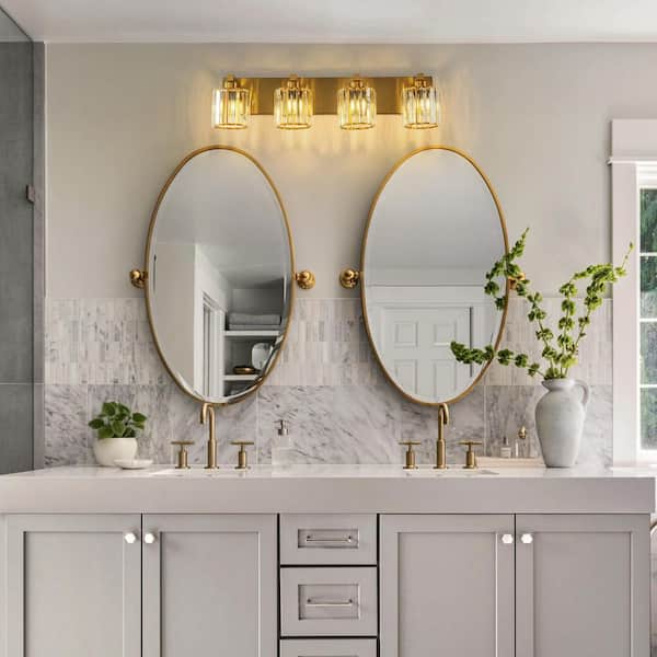 Orillia 28 in. 4-Light Gold Vanity Light with Cylinder Crystal Shade Modern Wall Mount Sconce for Bathroom Powder Room