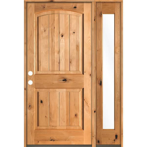 Krosswood Doors 56 in. x 80 in. Rustic knotty alder 2 Panel Right-Hand/Inswing Clear Glass Clear Stain Wood Prehung Front Door with RFSL