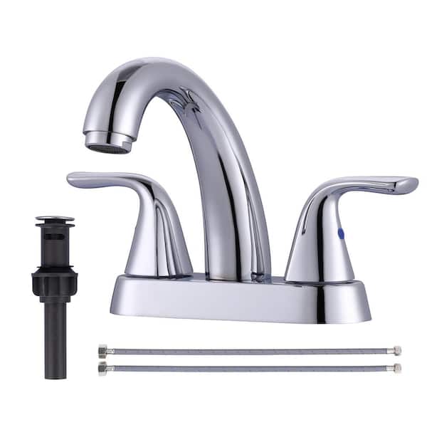 WOWOW 4 in. Centerset Double Handle Mid Arc Bathroom Faucet with Drain Kit Included in Polished Chrome