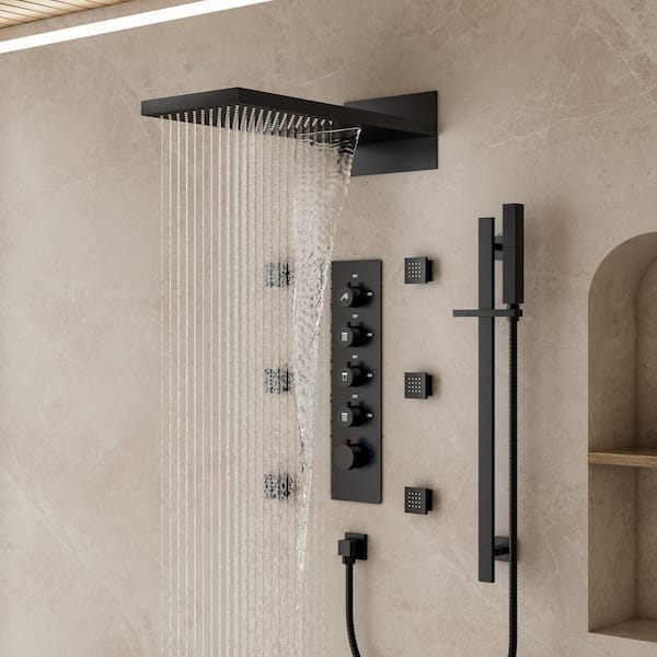 CRANACH Thermostatic 15-Spray Wall Mount 22 in. Dual Shower Head and Handheld Shower 2.5 GPM in Matte Black(Valve Included)