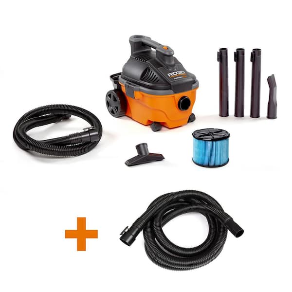 RIDGID 4 Gallon 5.0 Peak HP Wet/Dry Shop Vacuum with Fine Dust Filter, Hose, Accessories and Additional 14 ft. Tug-A-Long Hose