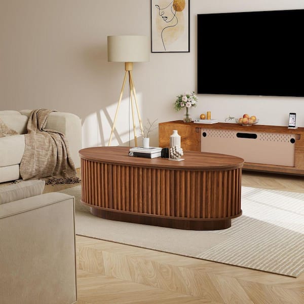 ATHMILE Vertical Bars Surrounding 43.3 in. Walnut Olive Oval MDF