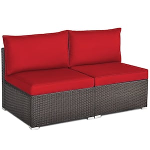 Wicker Patio Outdoor Armless Sofa Sectional with Red Cushion