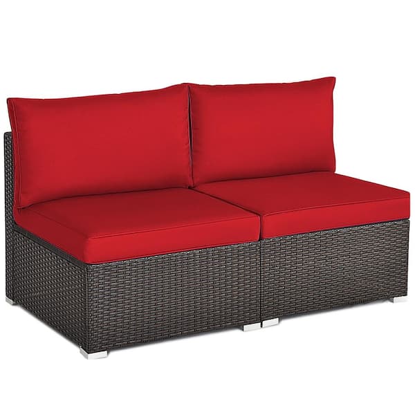 Costway Wicker Patio Outdoor Armless Sofa Sectional with Red Cushion