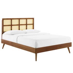 Sidney Walnut Cane and Wood King Platform Bed with Splayed Legs