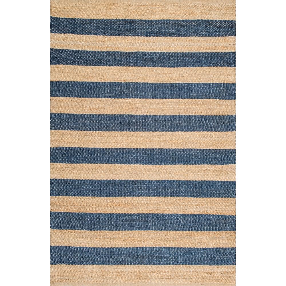 Denim and Tan Striped 4' x 6' Jute and Cotton Flatweave Rug