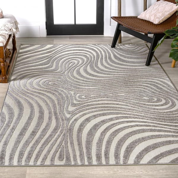 Maribo High-Low Abstract Groovy Striped Gray/Ivory 8 ft. x 10 ft. Indoor/Outdoor Area Rug