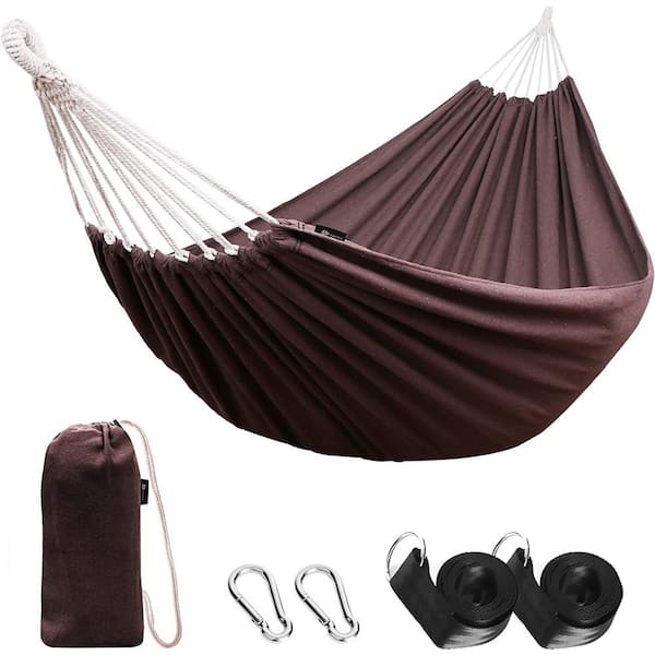 Unbranded 9 ft. 2 Person Cotton Hammock Comfortable Fabric Hammock with Tree Portable Hammock with Travel Bag（ Brown）