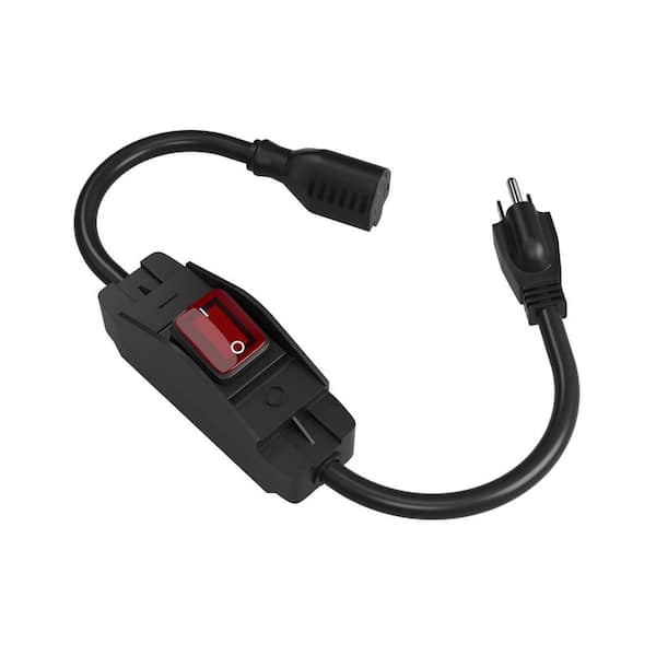 1.5 ft. 14/3 SJTW Heavy Duty Extension Cord with Waterproof Switch, 15A 125V Grounded Plug Receptacle, Black