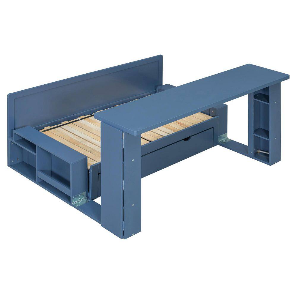 White Queen Size Daybed Convertible Platform bed with Removable Desk, Storage Drawer, Hydraulic Side Table - thumbnail 3
