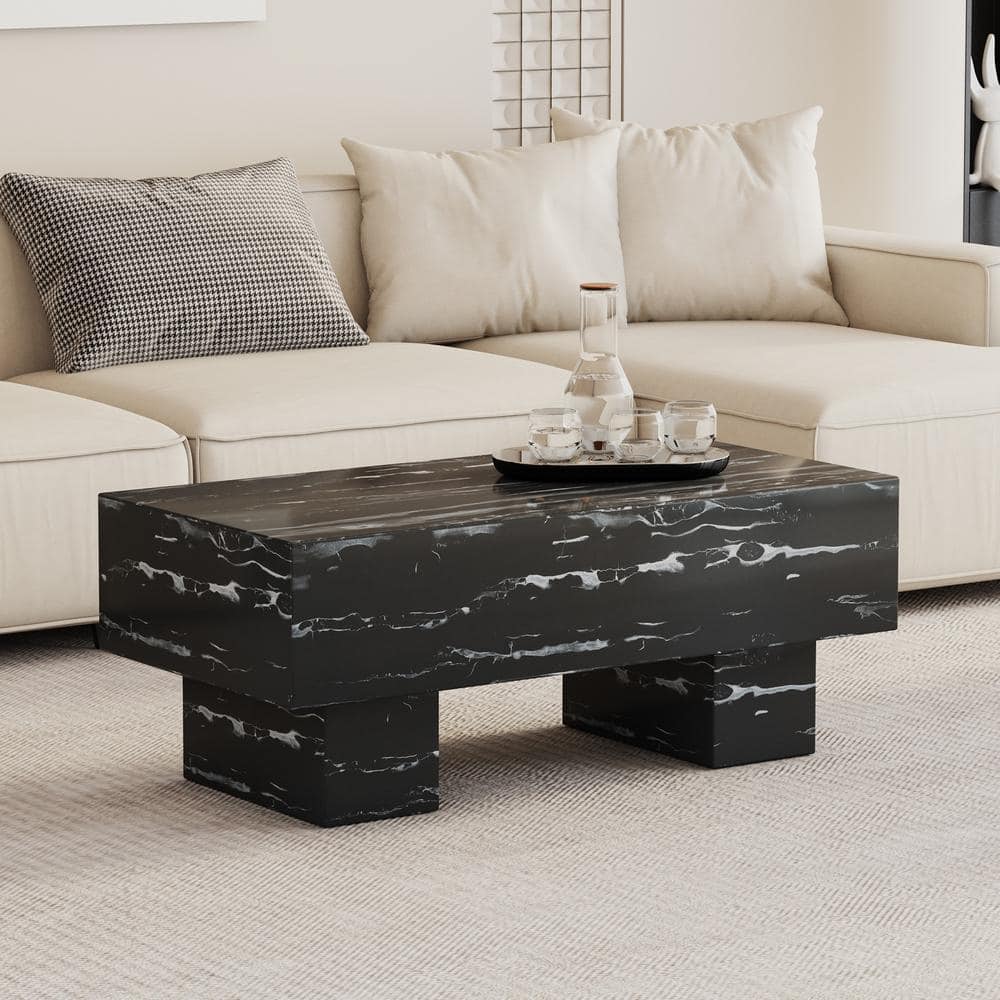Polibi 43.3 in. Modern Faux Marble Black Rectangular Coffee Table