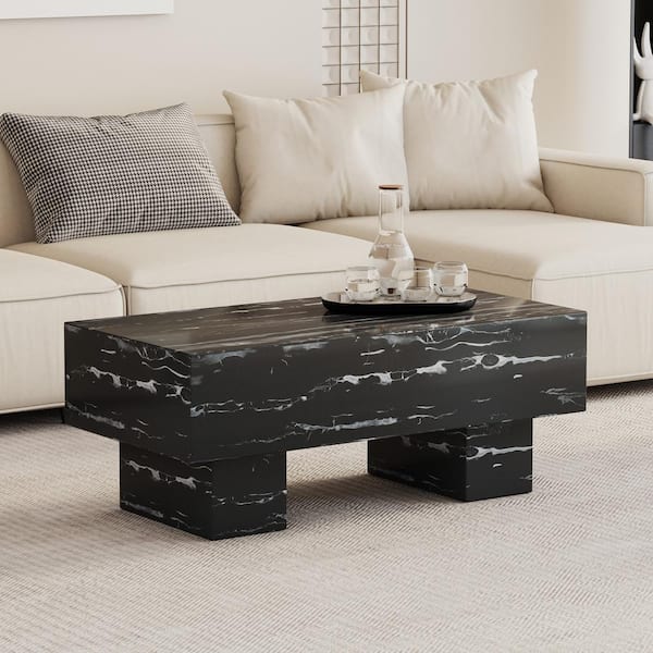 Polibi 43.3 in. Modern Faux Marble Black Rectangular Coffee Table with White Texture for living rooms