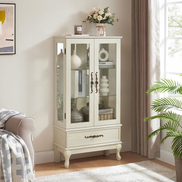 51.58 in. H White Curio Cabinet, Glass Display Cabinet, Wine Cabinet with LED Lights, 2-Doors and Adjustable Shelves