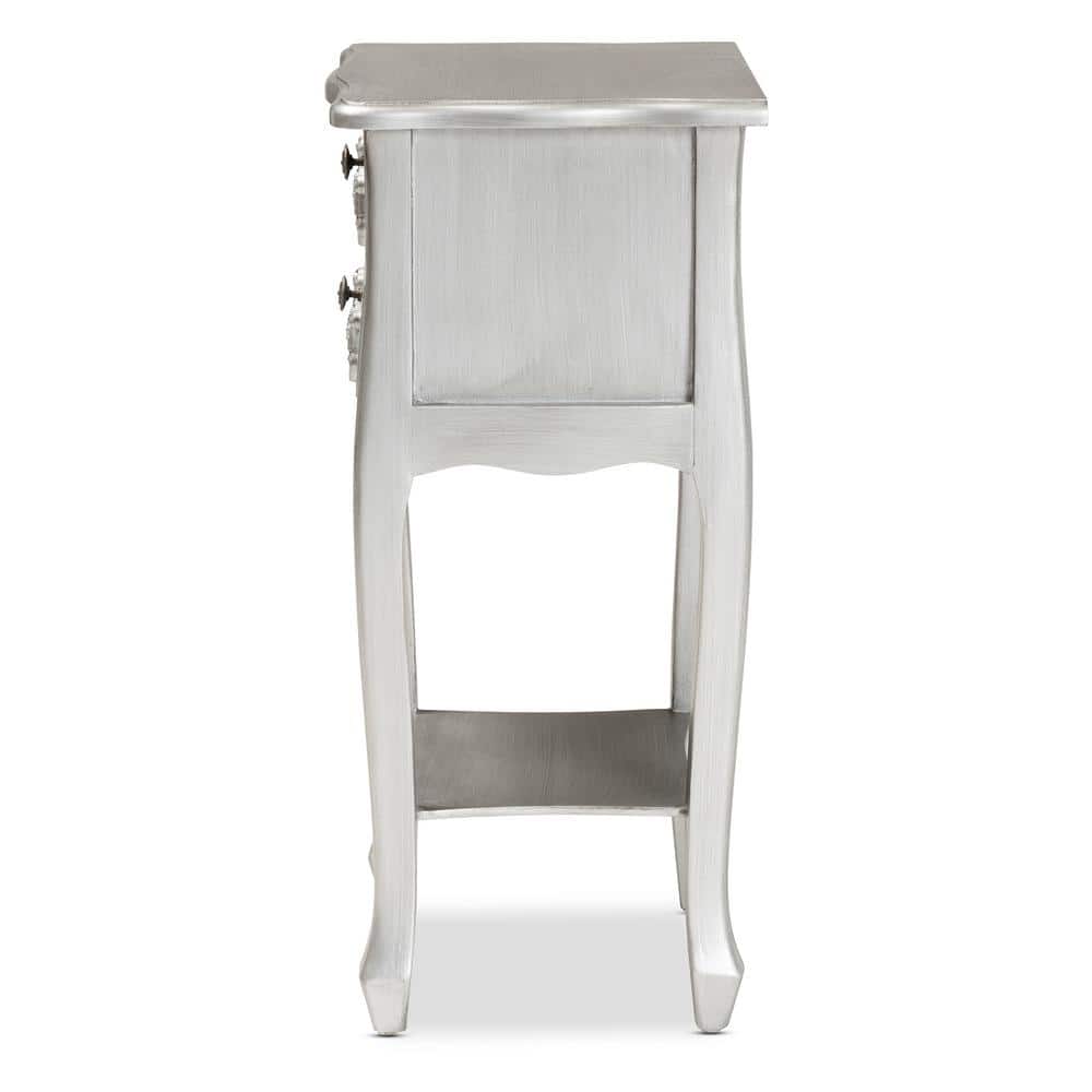 Eliya Silver Brushed Wood 2-Drawer Accent Table with Carved Details