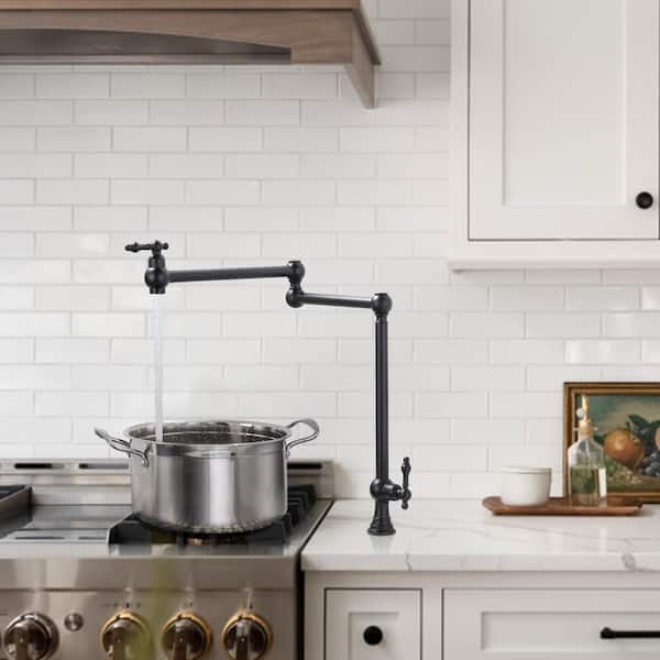 Antique Matte Black Deck Mount Pot Filler Faucet, Solid Brass Pot Filler with Double Stretchable Joint Swing Arm