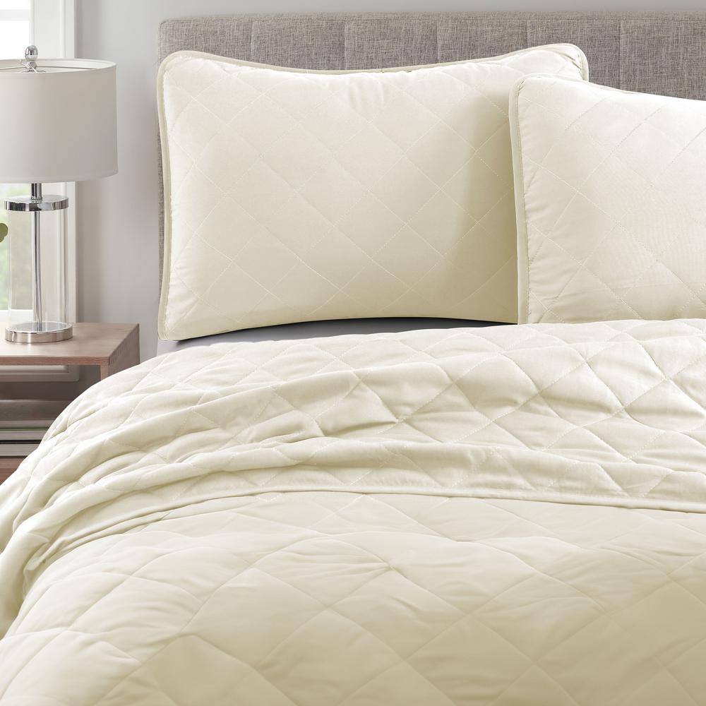 Ivory Twin Reversible Microfiber Diamond Stitch Quilt Set