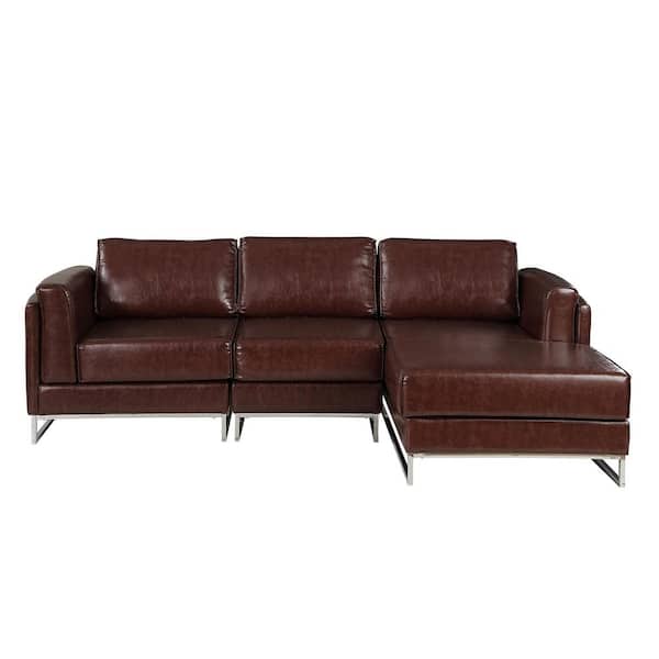 FARATI Modular Couch 92.4 in. Square Cushion Arm L Shaped Leather Sectional Sofa Convertible in. Chocolate Brown