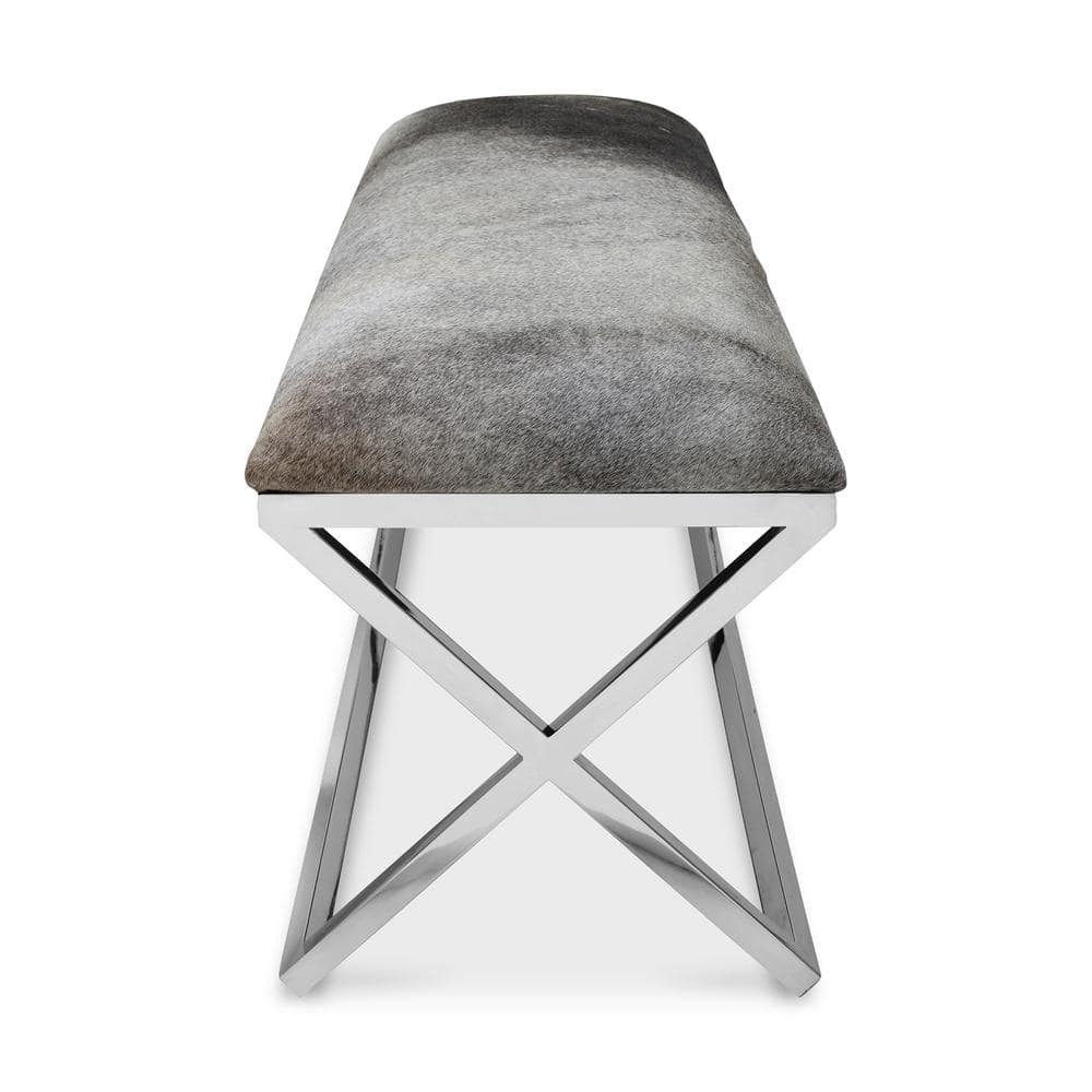 Grey Upholstered Bench with Stainless Steel Frame and Storage
