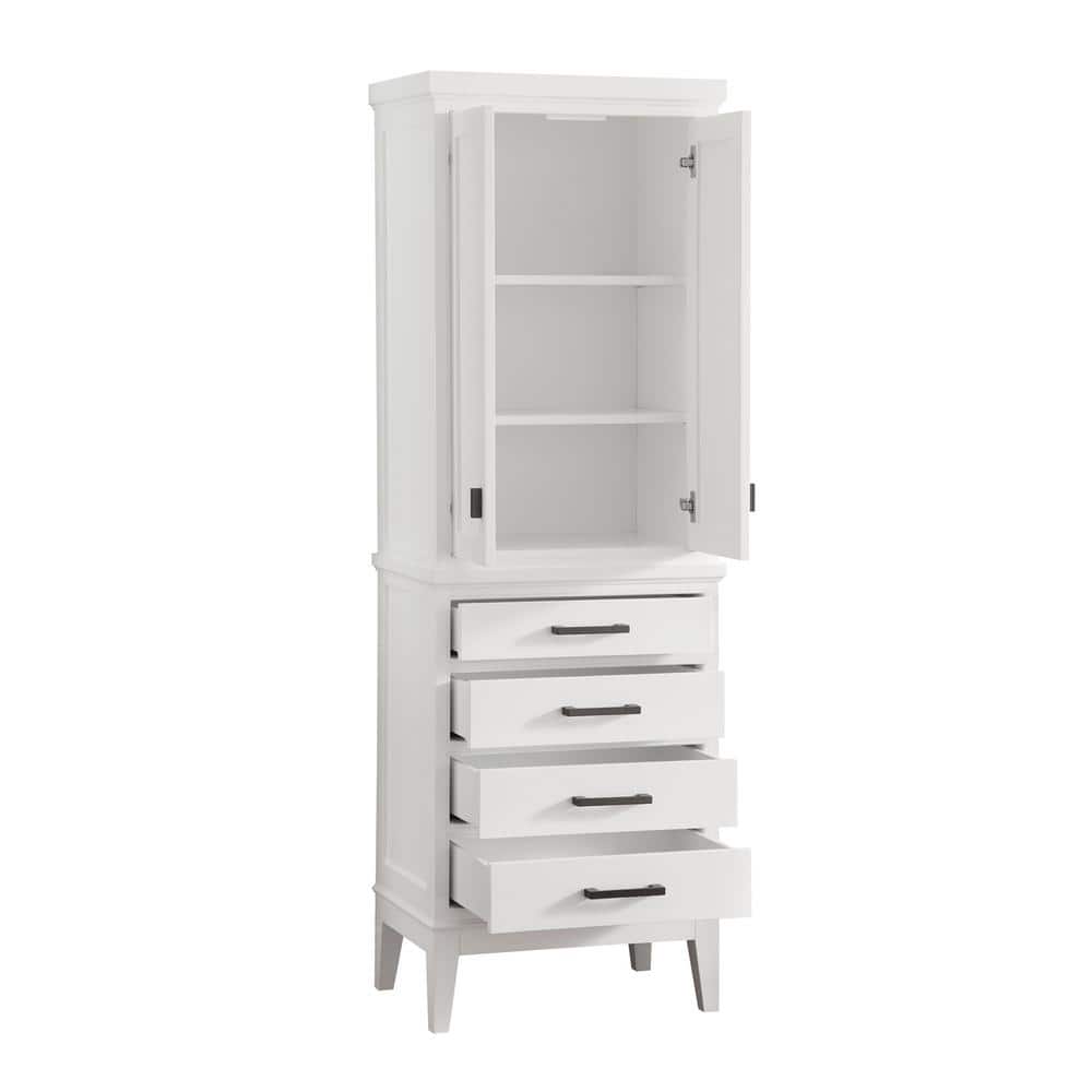 White Solid Wood Lockable Linen Tower Cabinet