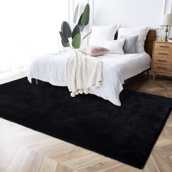 Mmlior Black 5 ft. x 8 ft. Soft Faux Rabbit Fur Area Rug